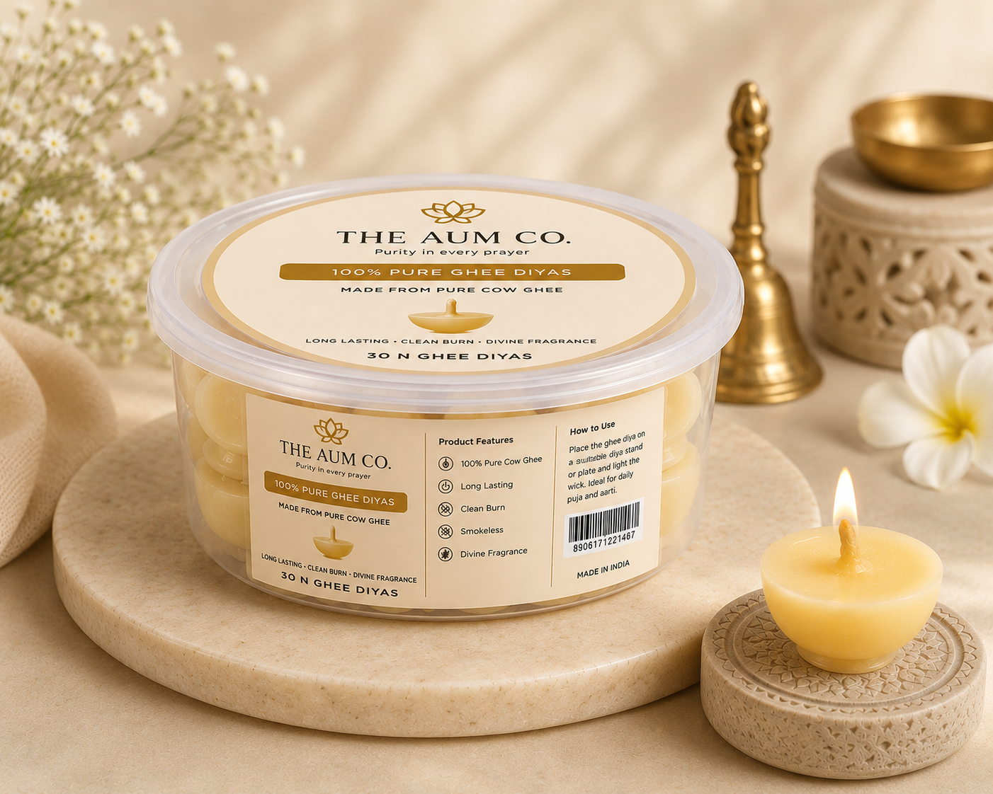 Pure Cow Ghee Diyas – Ready to Light | Long Lasting Burn | Puja & Aarti Essentials | 30N