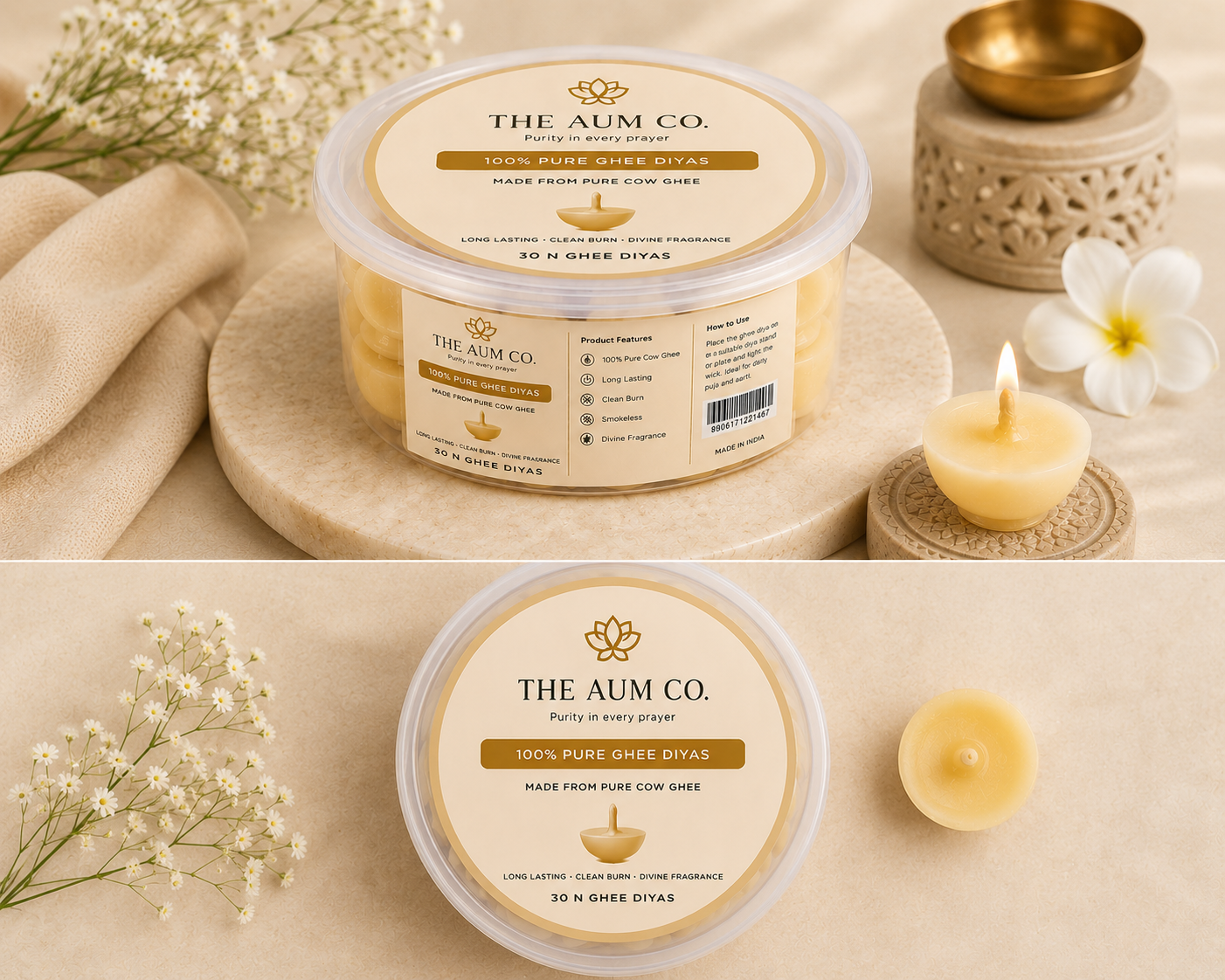 Pure Cow Ghee Diyas – Ready to Light | Long Lasting Burn | Puja & Aarti Essentials | 30N